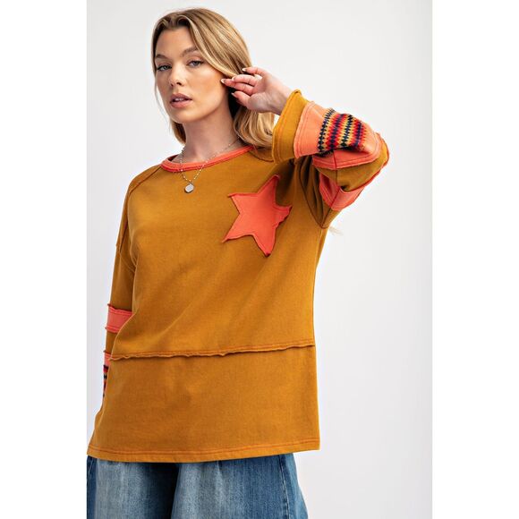 1001 EASEL Medium Size Camel Star Patch Terry Knit Washed Pullover Top - Picture 3 of 5